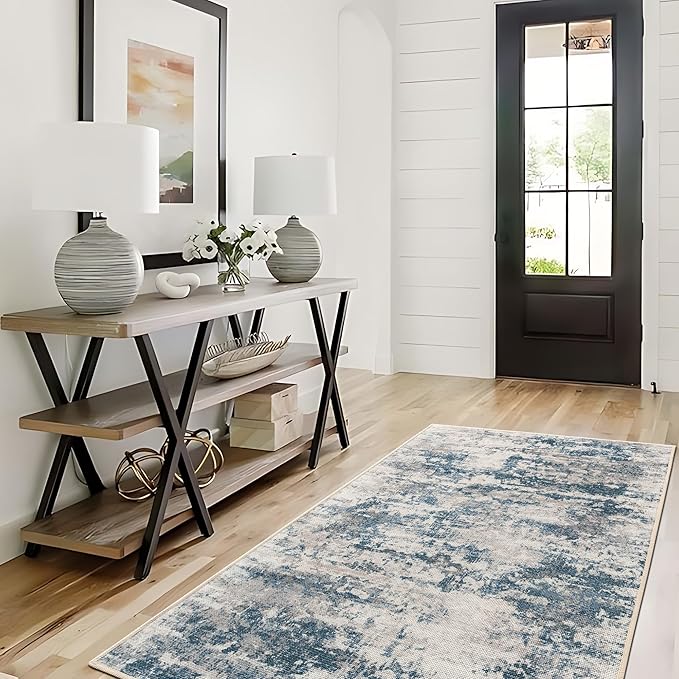 3x5 Abstract Washable Area Rug, Doormat Rugs, No Pile, Tear and Stain Resistance, Non-Slip, Hand Woven Style Thin Entryway Rug Throw Rug for High Traffic Entrance Bedside- Blue