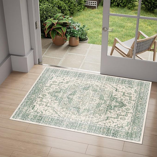 2x3 Area Rug Boho Machine Washable Living Room Rug Non Slip Low Pile Vintage Print Distressed Soft Carpet for Bedroom Diningroom Green/Pink