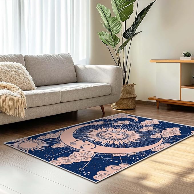 3x5 Entryway Rug Hippie Tarot Celestial Sun and Moon Navy Blue Area Rug Bedroom Bedside Ultra-Thin Small Carpet Bathroom Non Slip Indoor Low Pile Door Mat Kitchen Stain Resistant Washable Machine