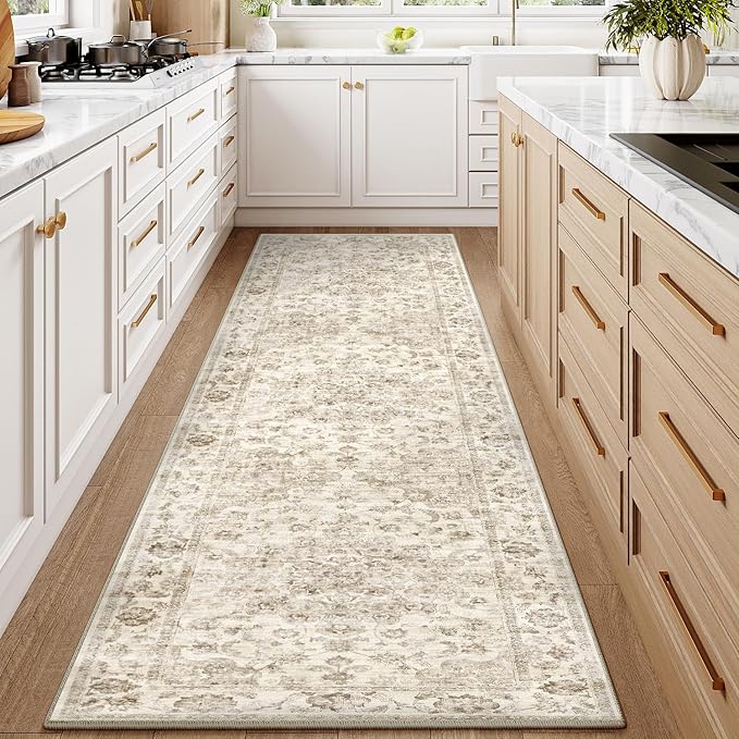 2x10 Washable Neutral Runner Rug Beige Hallway Kitchen Non-Slip Low Pile Floral Carpet Vintage Soft Thin Throw Rug for Bathroom Bedroom Entryway Laundry Dining Room
