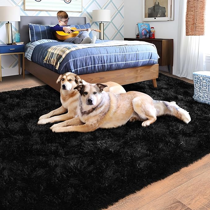 Black Rug for Bedroom, Soft Shaggy Modern Shag 4x6 Area Rugs for Living Room, Upgrade Non-Slip Plush Fluffy Carpet for Kids Boys Girls Room Dorm Home Decor Aesthetic