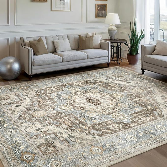 Area Rugs for Living Room 9x12 - Large Machine Washable Vintage Oriental Soft Rug, Low Pile Thin Carpet with Non Slip Backing for Bedroom, Dorm, Under Dining Room Table, Indoor House, Office Decor