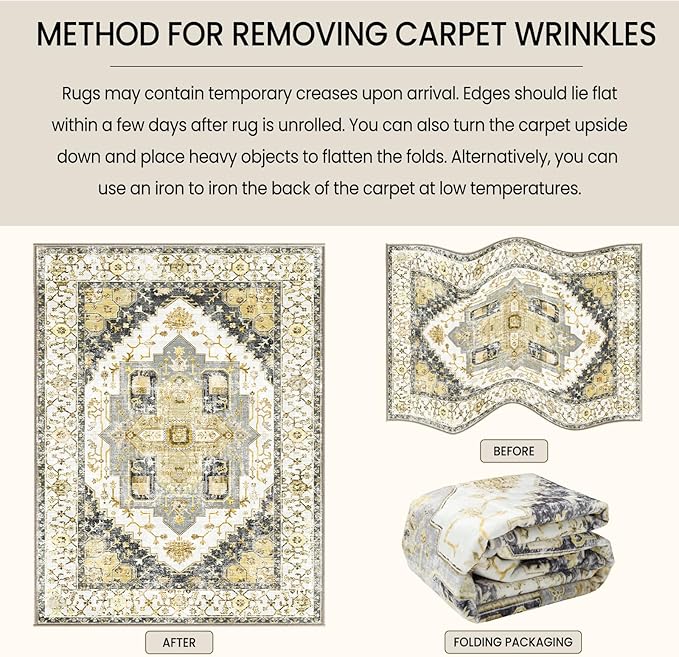 Washable 9x12 Area Rugs, Rugs for Living Room, Low-Pile Water&Stain Resistant Carpet Vintage Distressed Printed Non-Slip Carpet for Bedroom Bathroom Kitchen-Grey Yellow