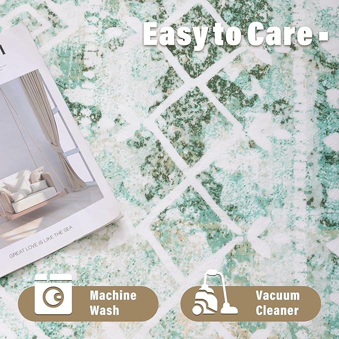 Carvapet Rugs for Living Room Bedroom, Green Boho Low Pile Large Carpet with Rubber Backing, Foldable, Non Slip Machine Washable (9 x 6 Feet Rectangular, Green Area Rug)