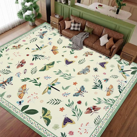 ASPMIZ Insect Area Rug 8X10 Living Room Rug, Spring Summer Washable Rug Non Slip, Farmhouse Butterfly Rugs for Living Room Low Pile, Soft Faux Wool Throw Carpet for Kids Room Dining Room, Beige