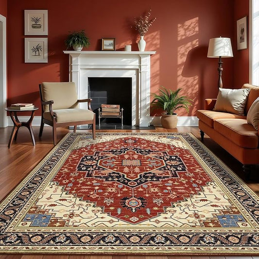 5x7 Orange Red Area Rug for Living Room, Machine Washable Rugs with Non-Slip Backing for Bedroom, Vintage Medallion Carpet Dining Room Office Kids Room Decor