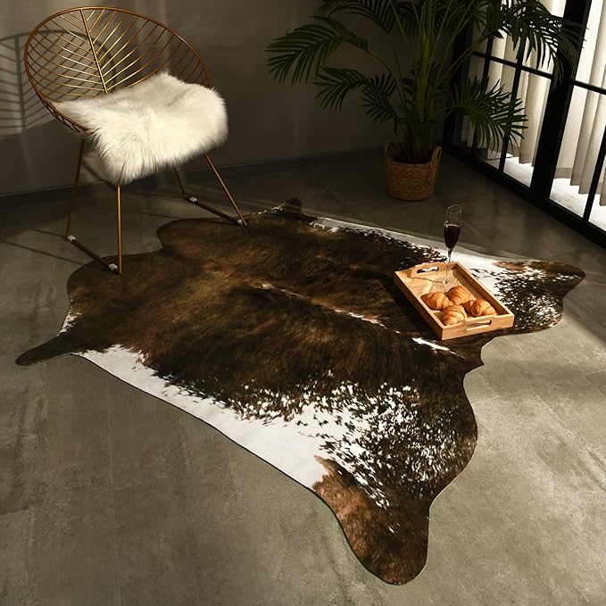 BENRON Faux Cowhide Rug, Western Cow Hide Rugs for Living Room Bedroom Home Decor, Non Slip Cute Rug with Irregular Animal Skins and Hides, Olive Green, 4.6 x 5.2ft
