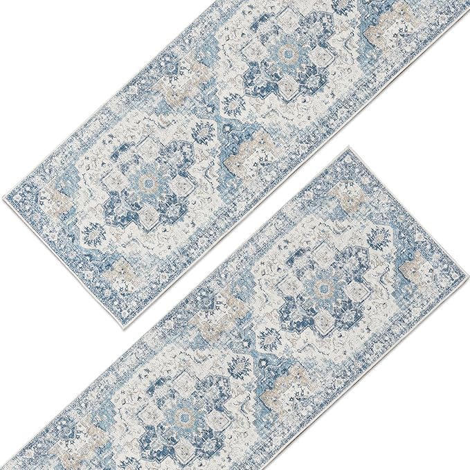 jinchan Runner Rug 2x10-2pcs Hallway Rug Kitchen Washable Runner Vintage Mat Retro Lightweight Non-Slip Floor Cover Distressed Thin Carpet for Entryway Bathroom Bedroom Laundry Room Stairway Blue