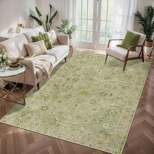4x6 Area Rug for Living Room, Washable Floral Vintage Rugs Indoor, Distressed Flaxen Green Carpet for Bedroom, Non Slip Dining Room, Soft Low Pile Rugs Foldable Floor Rug for Dorm Bedside