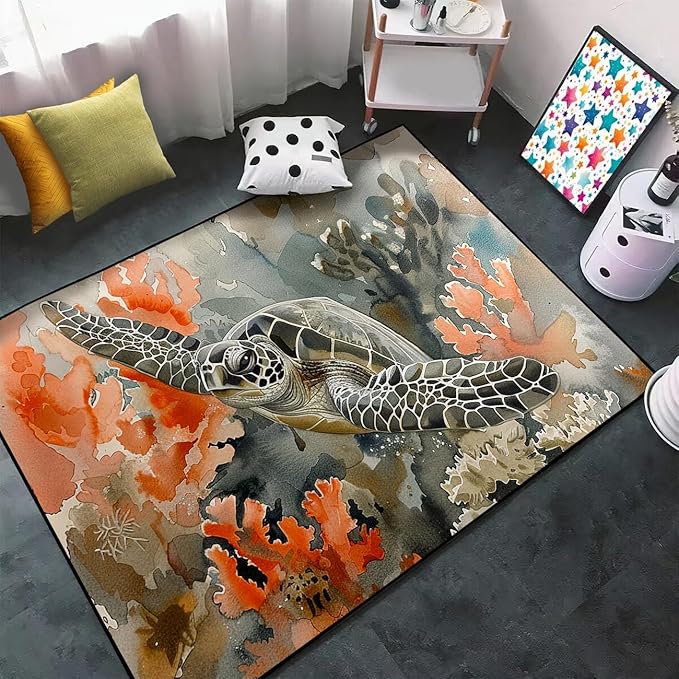 Sea Turtles Rug - Seafloor Turtle Area Rug for Kids 63" L x 47" W Ocean Life Turtles Carpet Rugs for Bedroom Living Room Kids Room Decor Indoor Outdoor