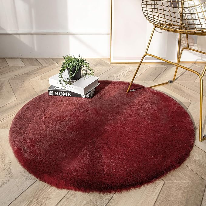 Ashler Faux Fur Rug, Ultra Soft Faux Rabbit Fur, Red Area Rugs, 3 x 3 Feet Round, Machine Washable Nursery Decor Throw Rugs for Bedroom, Kids Room, Living Room