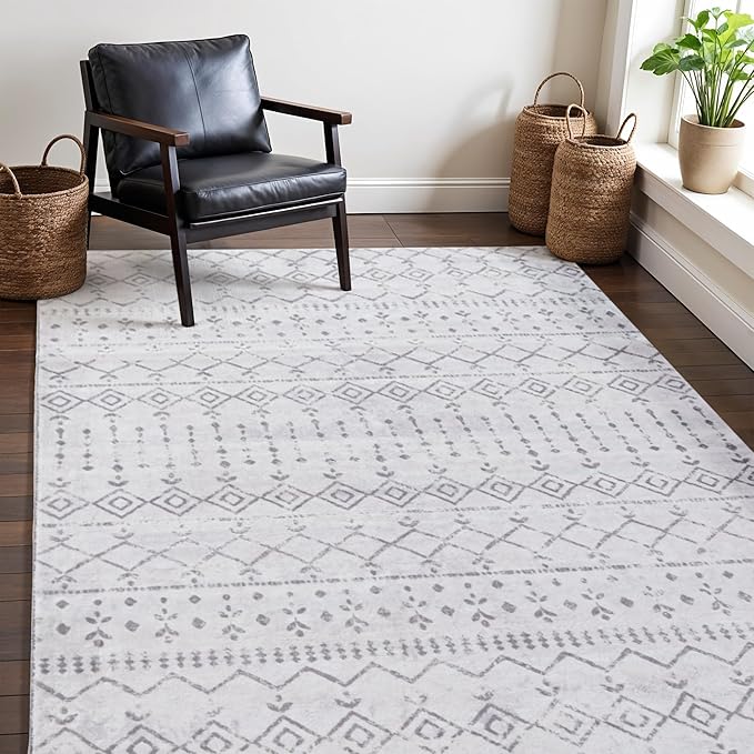 Carvapet Rugs for Living Room Bedroom, Grey Boho Low Pile Large Carpet with Rubber Backing, Foldable, Non Slip Machine Washable (9 x 6 Feet Rectangular, Gray Area Rug)