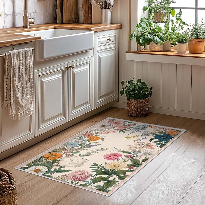2x3 Entryway Rugs Machine Washable Area Rug Blue Yellow Pink White Floral Boho Botanical Leaf Flower Rug Non-Slip Low Pile Door Mat Entrance Small Carpet for Home Kitchen Bathroom Bedroom