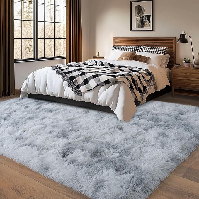 5x7 Shaggy Rugs for Living Room, Tie-Dyed Light Grey Fluffy Area Rug for Bedroom, Soft Plush Shag Carpet for Kids Room, Indoor Non-Slip Fuzzy Rug