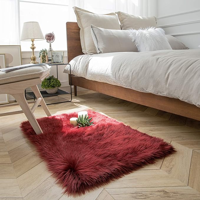Ashler faux fur rug, Fluffy Shaggy Area Rug Ultra Soft 2 x 2.9 Feet Rectangle Fur Rug Deep Red Fuzzy Rug Machine Washable Shag Rug, Nursery Decor Throw Rugs for Bedroom, kids room, Living Room