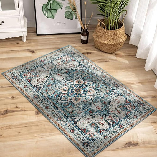 2x3 Area Rug - Non-Slip Machine Washable Low-Pile Carpet for Entryway, Living Room, Bedroom | Vintage Door Mat, Soft Bohemian Floor Decor & Kitchen Bedside Rug