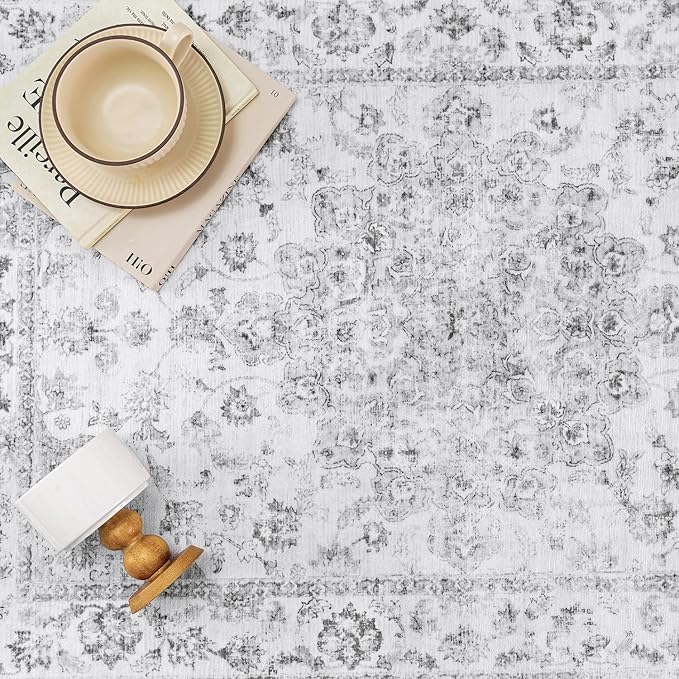 2x5 Washable Neutral Runner Rug Grey Hallway Kitchen Non-Slip Low Pile Floral Carpet Vintage Soft Thin Small Throw Rug for Bathroom Bedroom Entryway Indoor Entrance