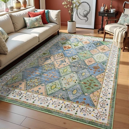 4x6 Washable Area Rug for Bedroom, Green Boho Non-Slip Living Room Rugs, Moroccan Floral Trellis Carpet Soft Low Pile Accent Indoor Mat for Bedside Kitchen Laundry Room