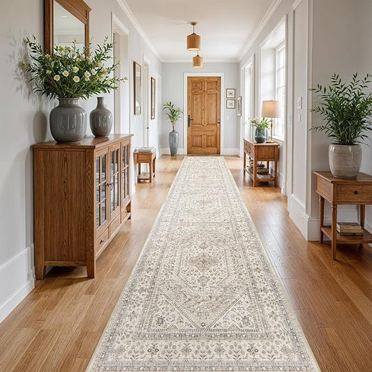 3x20 Runner Rug for Hallway Washable: Non Slip Kitchen Rugs with Rubber Backing Soft Waterproof Mats Stain Resistant Indoor Vintage Carpet Runner for Bedroom Bathroom Laundry Entryway Beige/Gray