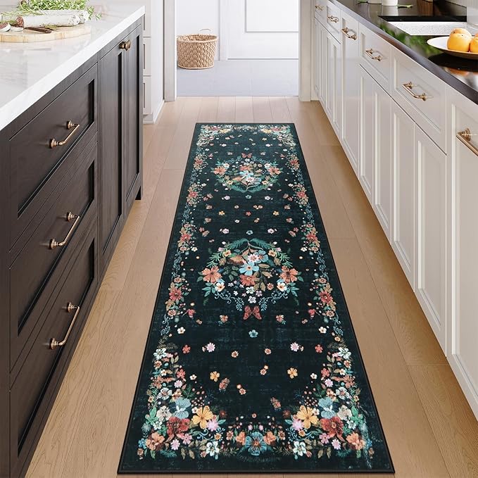 Black Runner Rug for Entryway Indoor, 2x6 Floral Washable Rug with Rubber Backing for Hallways, Bedroom, Kitchen, Laundry, Bedside
