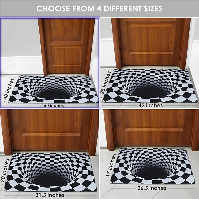3D Optical Illusion Rug - Vortex Illusion Floor Mat for Door Entrance, Bathroom, Stairs, playroom, Living Room, or Area (Black and White, 60 x 40 Inch)