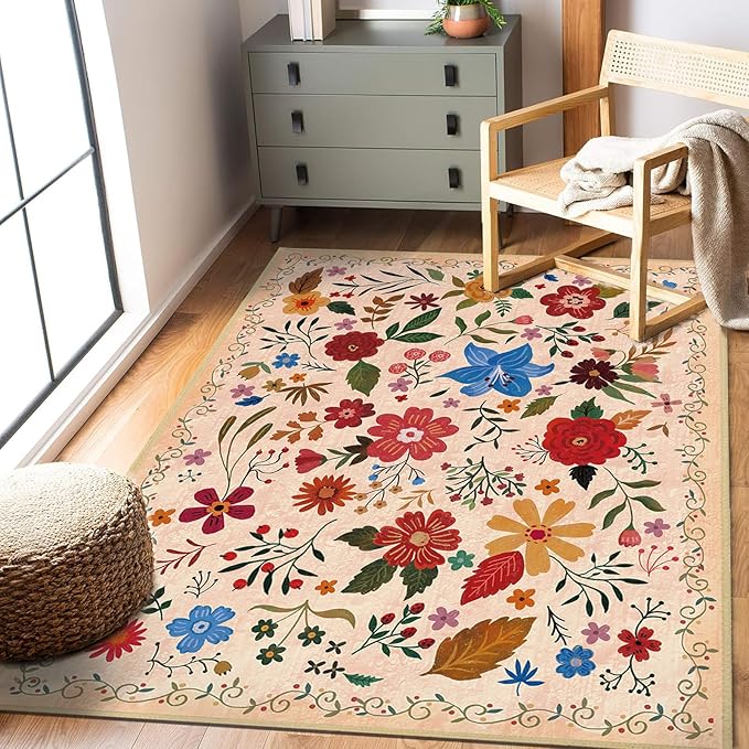 Washable Area Rugs 5'x7' Living Room, Non Slip Floral Vintage Low Pile Large Rugs for Living Room Stain Resistant for TribalBedroom, Farmhouse, Dining Room, Kids Playroom