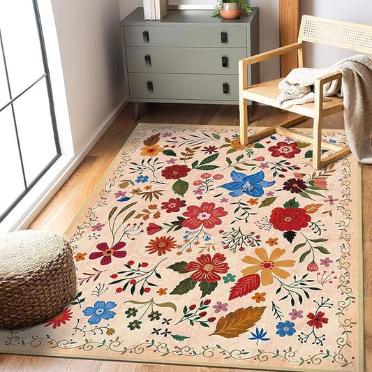 Washable Area Rugs 5'x7' Living Room, Non Slip Floral Vintage Low Pile Large Rugs for Living Room Stain Resistant for TribalBedroom, Farmhouse, Dining Room, Kids Playroom
