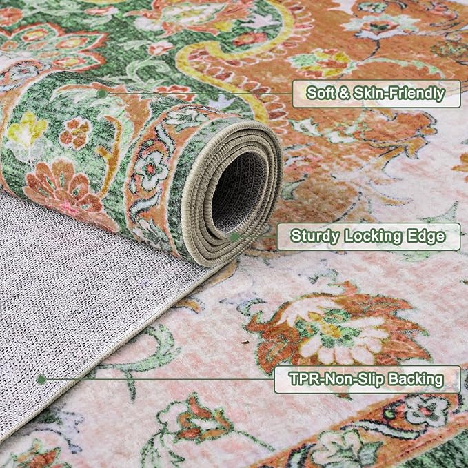 4x6 Area Rugs for Living Room, Foldable Machine Washable Rug, Soft Low Pile Non-Slip Vintage Floral Rug, Carpet for Bedroom, Dining Room, Bedside, Farmhouse, Office, Dorm (Green, 4'×6')