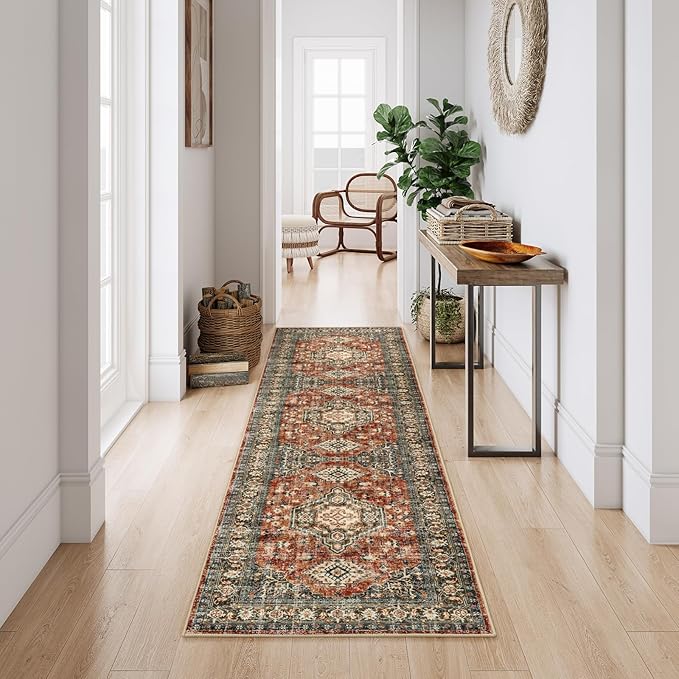 Lahome Oriental Hallway Runner Rug Non Slip, 2.5x8 Kitchen Washable Runner Soft Hallway Rug, Traditional Ultra-Thin Carpet for Bathroom Entryway ‎Laundry Room, Brick Red