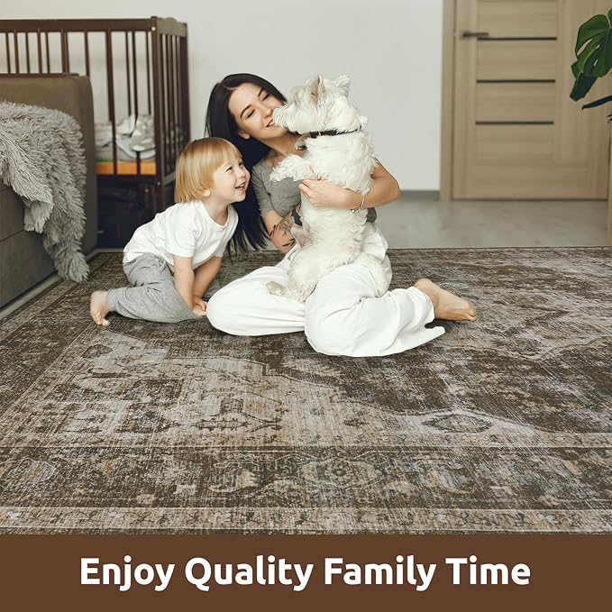 AMOAMI-3X5 Area Rug - Soft Washable Vintage Throw Accent Rug for Living Room, Bedroom, Kitchen, Bathroom, Laundry Room, Entryway - Non Slip - Brown/Coffee