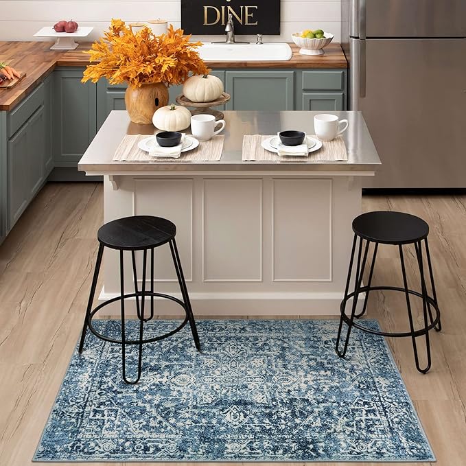 Morebes Vintage 3x5 Living Room Rugs, Blue Washable Bathroom Rug Stain Resistant Non Slip Rug, Soft Non-Shedding Low PileIndoor Carpet for Bedroom Kitchen Entryway
