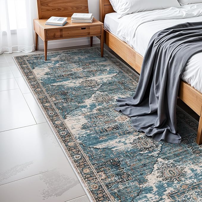 RUUGME Washable 3x12 Runner Rug - Boho Rugs for Living Room Stain Resistant Carpet Vintage Tribal Rugs for Bedroom Kitchen Bathroom Non Slip Backing Decor Floor Decoration Mat 3x12 Blue