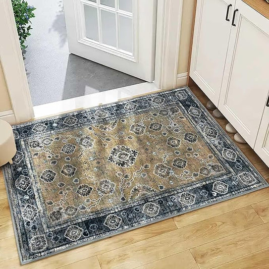 2x3 Oriental Entryway Rug,Washable Non-Slip Small Rugs for Entryway, Ultra-Thin Design for Front Door, Bathroom, Kitchen,Black & Yellow Door Mat