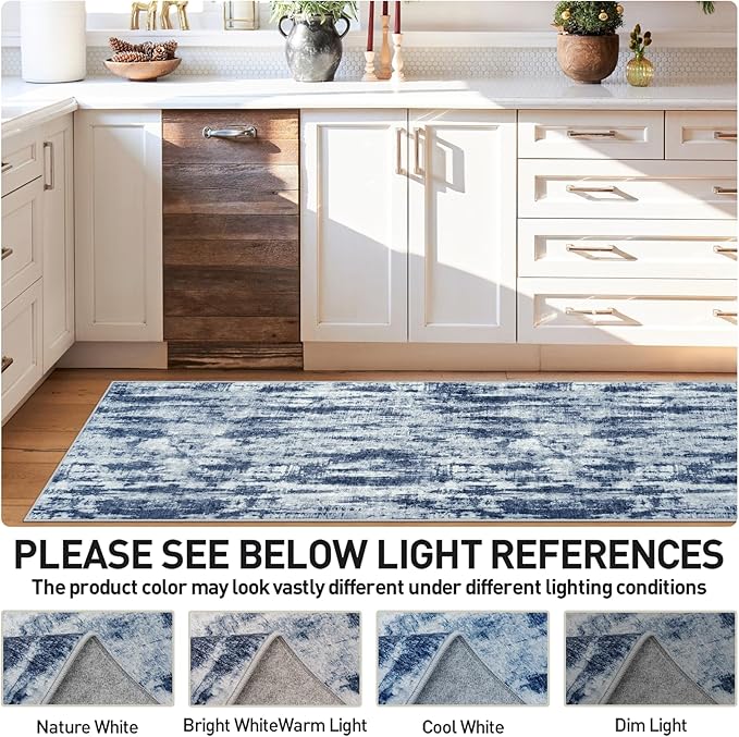 2'6''x8' Runner Rugs Washable Rug: Modern Abstract Living Room Rug Soft Anti-Skid Thin Carpet Indoor Floor Non-Shedding Carpets for Bedroom Dining Room Farmhouse Nursery Home Office Blue Grey