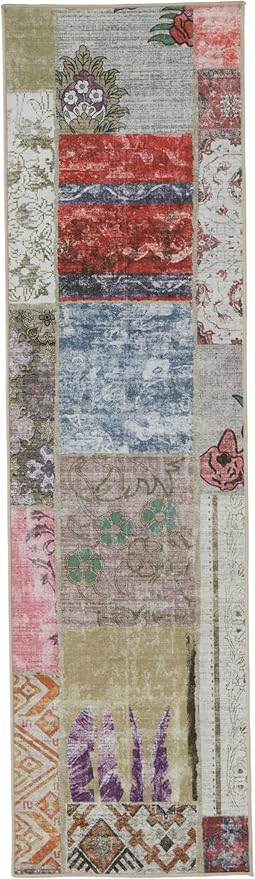 Soft Washable Faux Wool Ultra-Thin Patchwork Pink Boho Stain Resistant 7 Foot Runner Rug Non-Slip Backing for Bathroom Bedroom Nursery Hallway Indoor Doormat Bedside Carpet (Multi, 2' x 7')