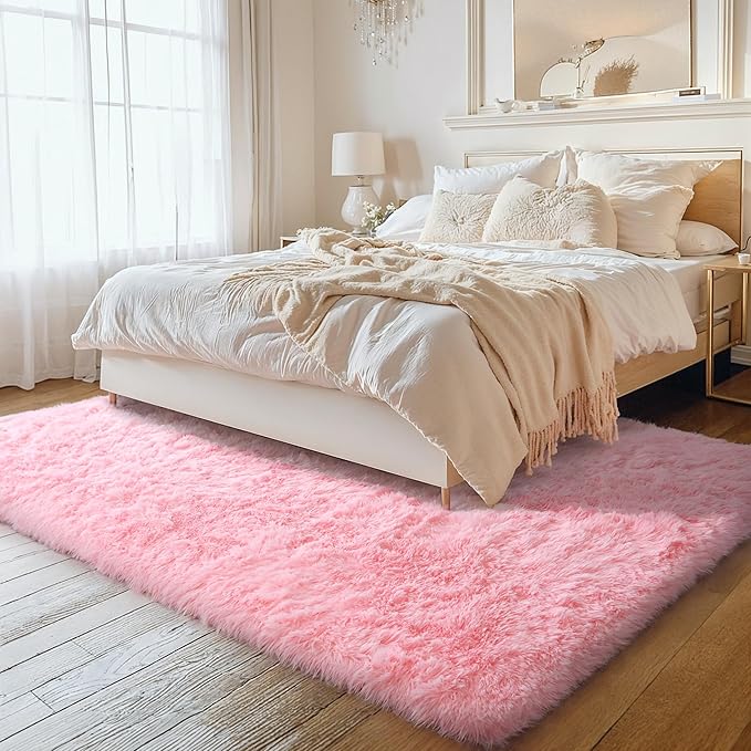 Thick Area Rug 5x8 Pink Fluffy Fuzzy for Girls Bedroom, Washable Plush Pastel Big Rugs for Living Room, Modern Soft Shag Shaggy Furry Thickened Toddler Nursery Kids Dorm Room Carpet