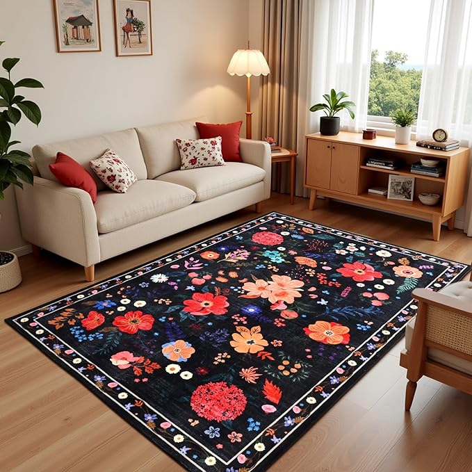 Black Floral Rug for Girls Bedroom, 3x5 Machine Washable Area Rugs with Non Slip Backingfor Living Room, Cute Flowers Carpet Kitchen Dining Room Kids Playroom Decor