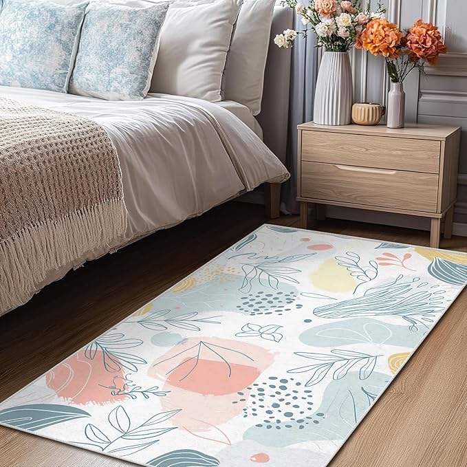 3x5 Entryway Rug Boho Minimalist Botanical Leaf Small Area Rug Bedroom Bedside Thin Carpet Bathroom Non Slip Indoor Entrance Low Pile Door Mat Kitchen Stain Resistant Washable Machine