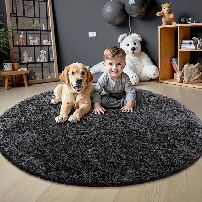 OLANLY Black Round Rugs for Bedroom - Machine Washable, 6x6 Feet Circle Area Rugs for Living Room, Soft and Fluffy Shaggy Carpet for Teen Girls and Boys, Dorms, Nursery Rooms, Home Decor Aesthetic