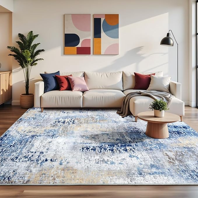 Washable Abstract Rug, 8x10 Modern Area Rugs with Non-Slip Rubber Backed for Living Room, Thin but Soft Contemporary Carpet Kitchen Bedroom Dining Room Decor, Midnight Blue