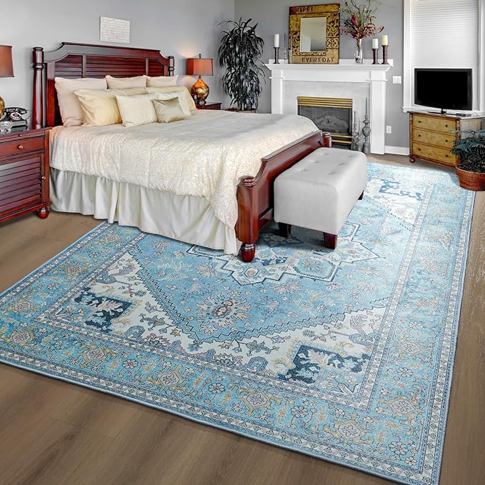 YJ.GWL Area Rug for Living Room, 4x6 Machine Washable Boho Rug for Bedroom, Low Pile Lightweight Thin Rugs Floral Vintage Distress Print Pattern Carpet for Dining Room, Light Blue