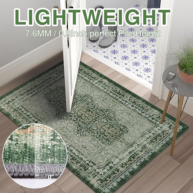 2x3 Small Washable Non-Slip Vintage Chenille Area Rug,Low Pile Distressed Floral Carpet for Entryway Kitchen, Boho Farmhouse Stain Resistant Indoor Rug