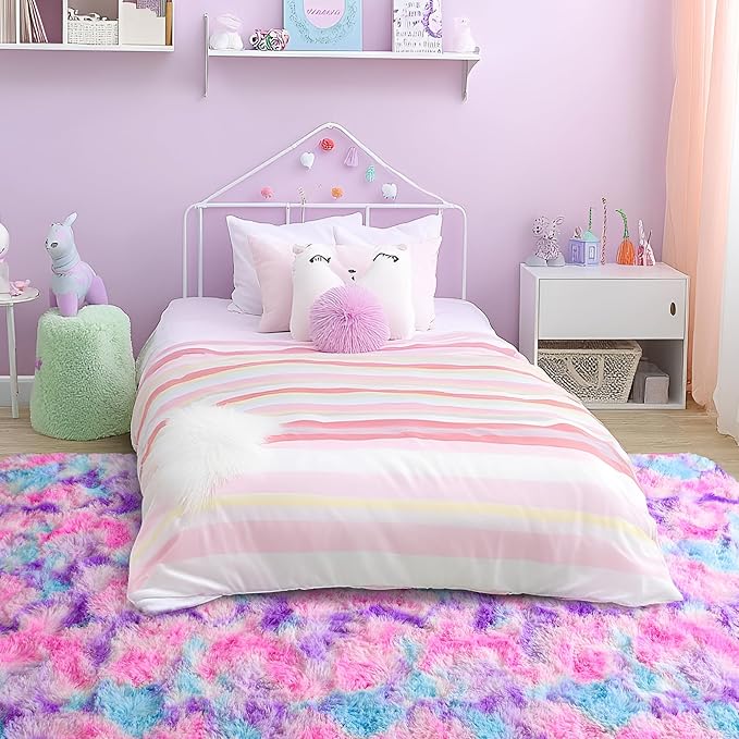 Tepook Soft Rainbow Rug for Girls Room 6x9 Feet, Cute Fluffy Girls Bedroom Area Rug, Shaggy Princess Rug Colorful Carpet for Kids Teens Toddler Playroom Nursery Reading Nook, Hot Pink