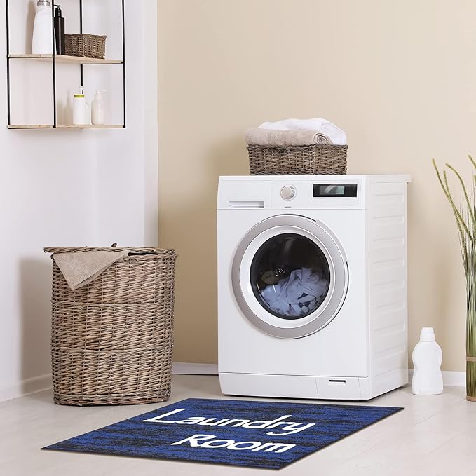 Ottomanson Machine Washable Text Design Laundry Room Rug Non-Slip Rubberback 2x3 Pack of 2 Laundry Area Rug for Laundry Room, Bathroom, Washroom, 26" x 35" - Pack of 2, Black/Blue