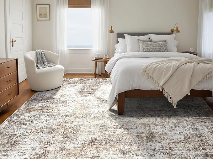 Area Rugs for Living Room: 6x9 Washable Neutral Abstract Rug for Bedroom Large Soft Modern Dining Room Rugs Indoor Floor Low Pile Carpet for Home Office Nursery - Brown Grey