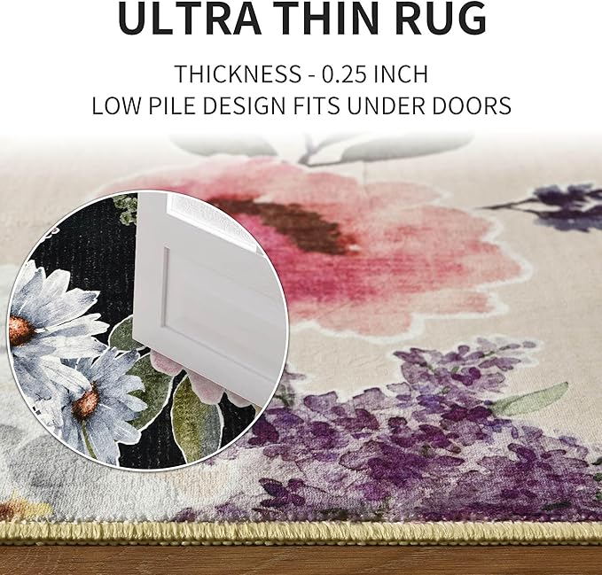 5x7 Floral Area Rugs for Living Room, Machine Washable Boho Vintage Flower Large Rugs for Bedroom, Farmhouse Dining Room Kids Room Non-Slip Soft Low Pile Accent Carpet for Girls Room, Beige