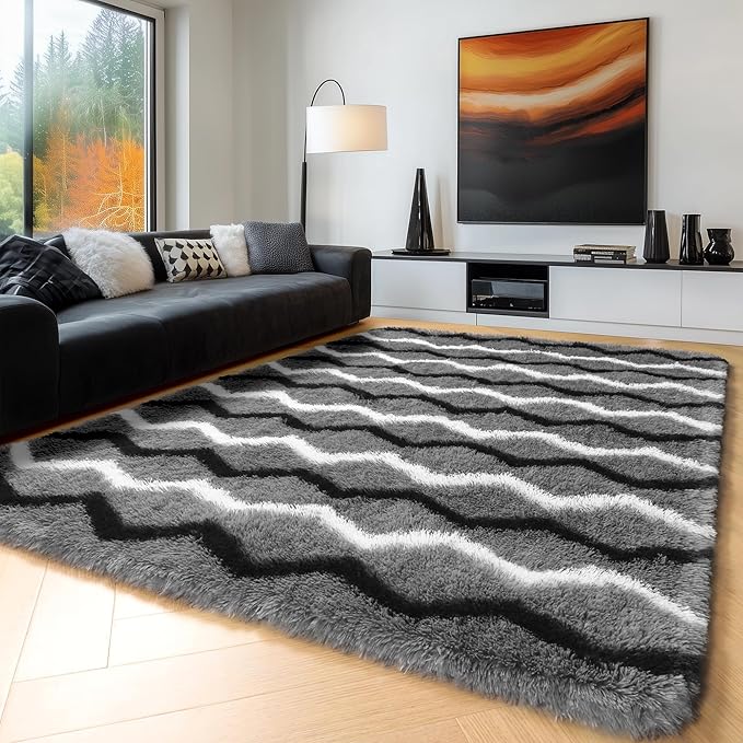 RUGTUDER Soft Fluffy Bedroom Rug, 4x6 Fuzzy Plush Shag Striped Washable Area Rug for Living Room Chevron Shaggy Floor Carpets Geometric Rugs for Kids Boys Playroom Dorm Classroom, Grey Black White