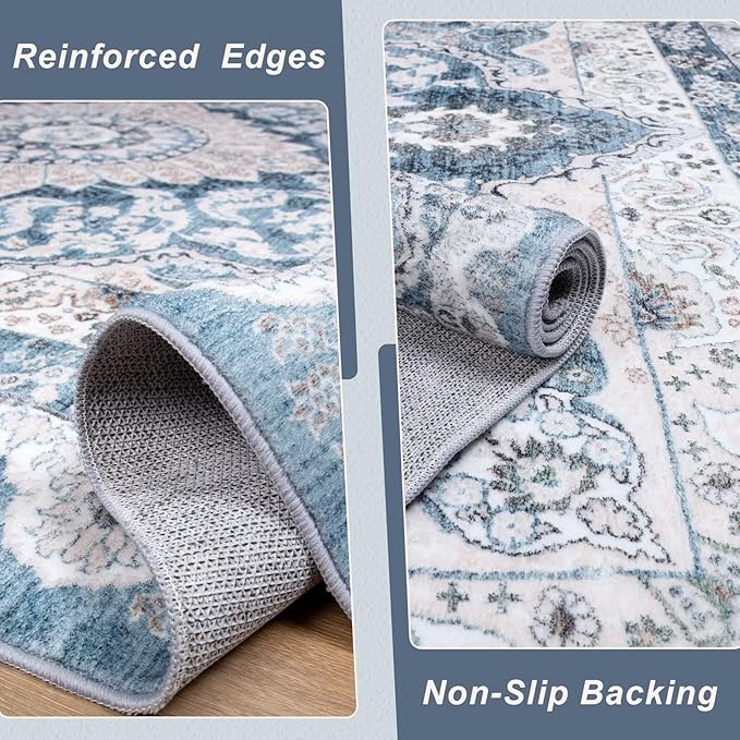 8x10 Area Rug for Bedroom, Machine Washable Rugs with Non-Slip Backing for Living Room, Large Vintage Carpet Kitchen Laundry Kids Room Decor, Blue & Beige