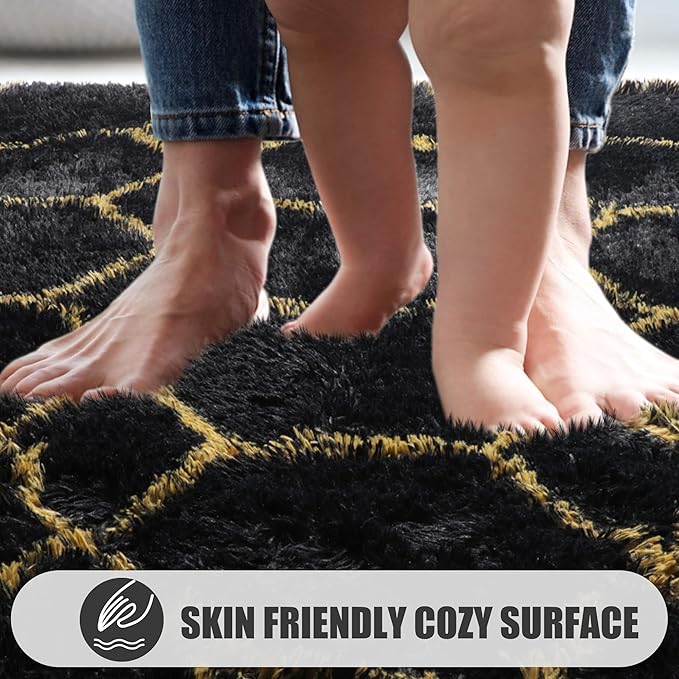 ONASAR 7x9 Area Rugs for Living Room Bedroom, Washable Large Boho Fluffy Black and Gold Throw Rug, Geometric Soft Plush Shaggy Floor Carpet for Nursery Kids Girls Boys Teen Dorm Home Decor Aesthetic