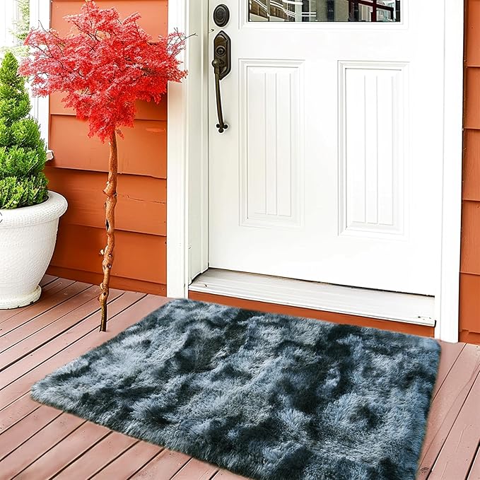 Anti-Skid Fuzzy Rug - Fluffy Non-Slip Shag Rug for Living Room & Nursery - Tie-Dyed Blue Grey Rectangle 2x3 Feet